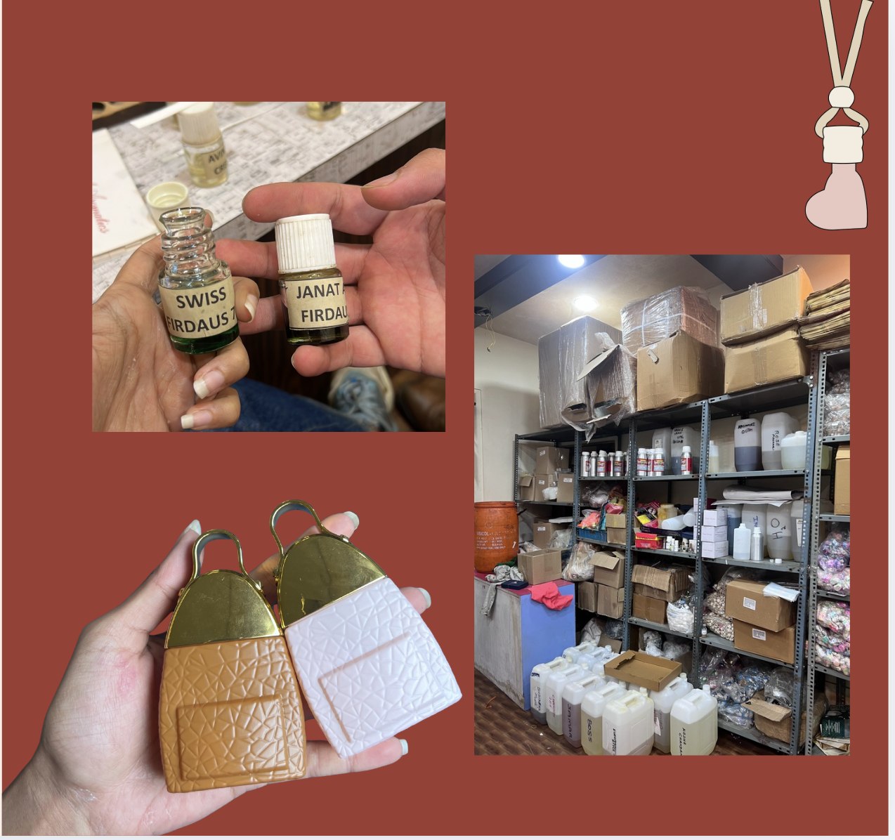 Fragrance blending in progress — labeled scent vials and finished bottle caps