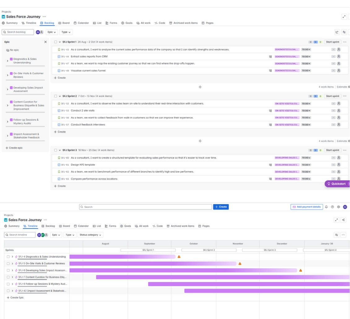 Jira board for the Psyche Panacea engagement, showing sprint-planned epics and a project timeline across six sprints